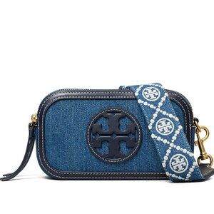 Tory Burch Blue Denim Crossbody with Navy Trim and Embroidered Strap